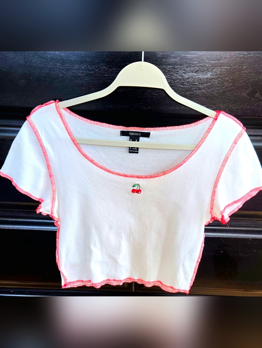 Forever 21 White Crop Top with Pink Trim & Cherry Embroidery